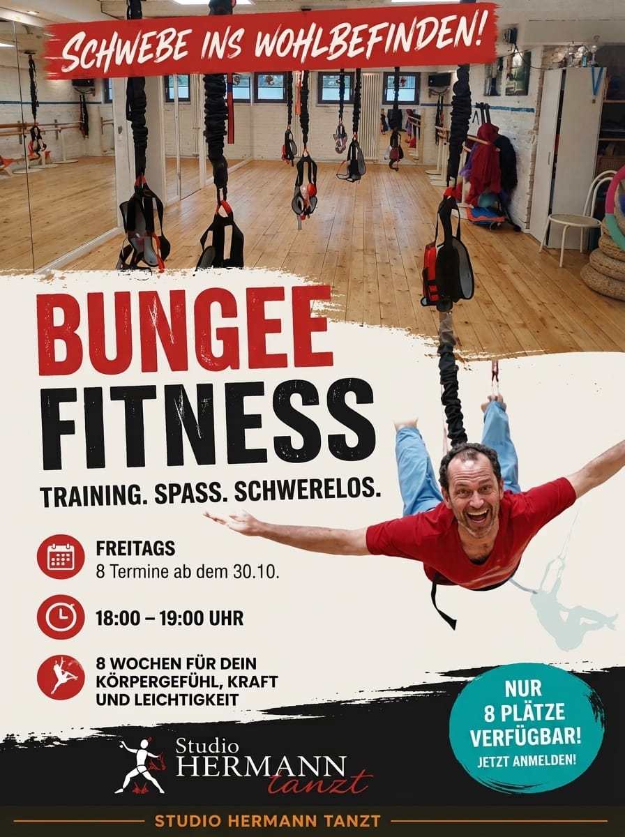 Plakat Bungee Fitness bei Studio Hermann Tanzt, freitags ab dem 30.10., 18 bis 19 Uhr