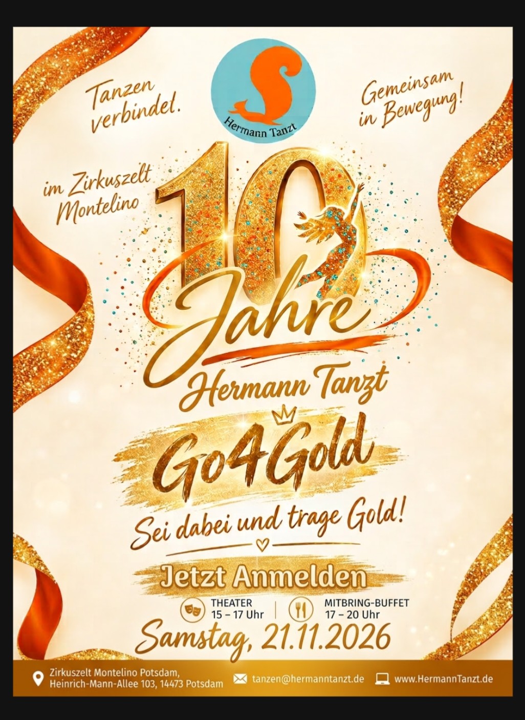 Plakat 10 Jahre Hermann Tanzt, Go4Gold, Samstag 21.11.2026 im Zirkuszelt Montelino Potsdam
